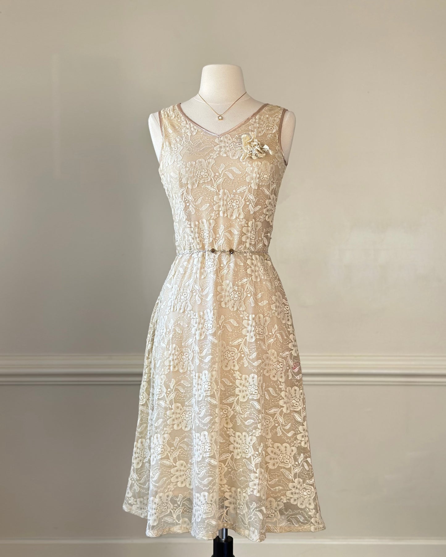 Vintage embroidery in warm beige midi dress featuring floral embroidery