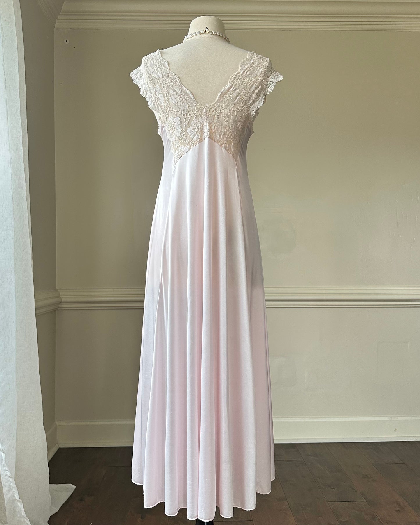 Romantic Soft Pink Satin Maxi Dress with Vintage Floral Overlay