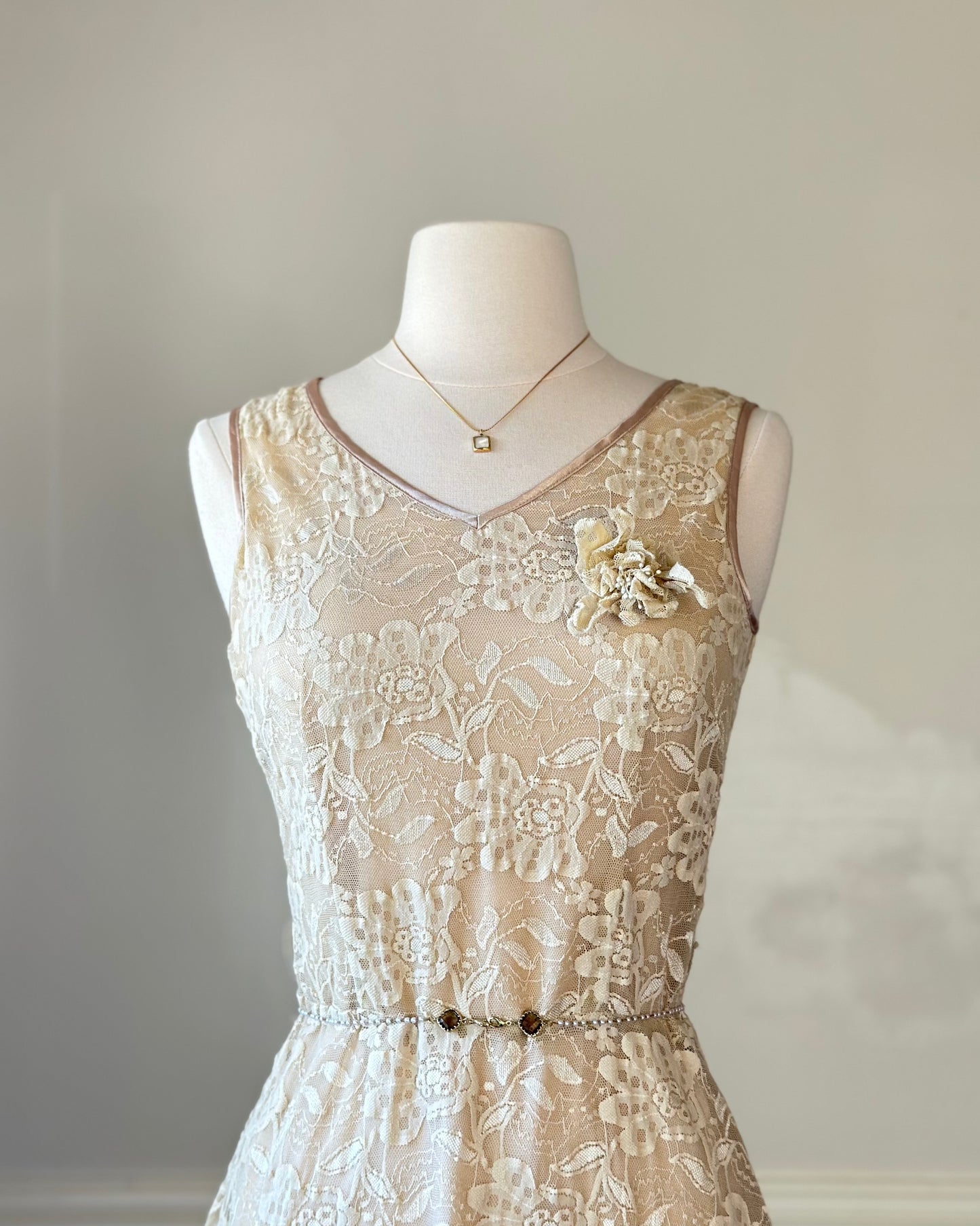 Vintage embroidery in warm beige midi dress featuring floral embroidery