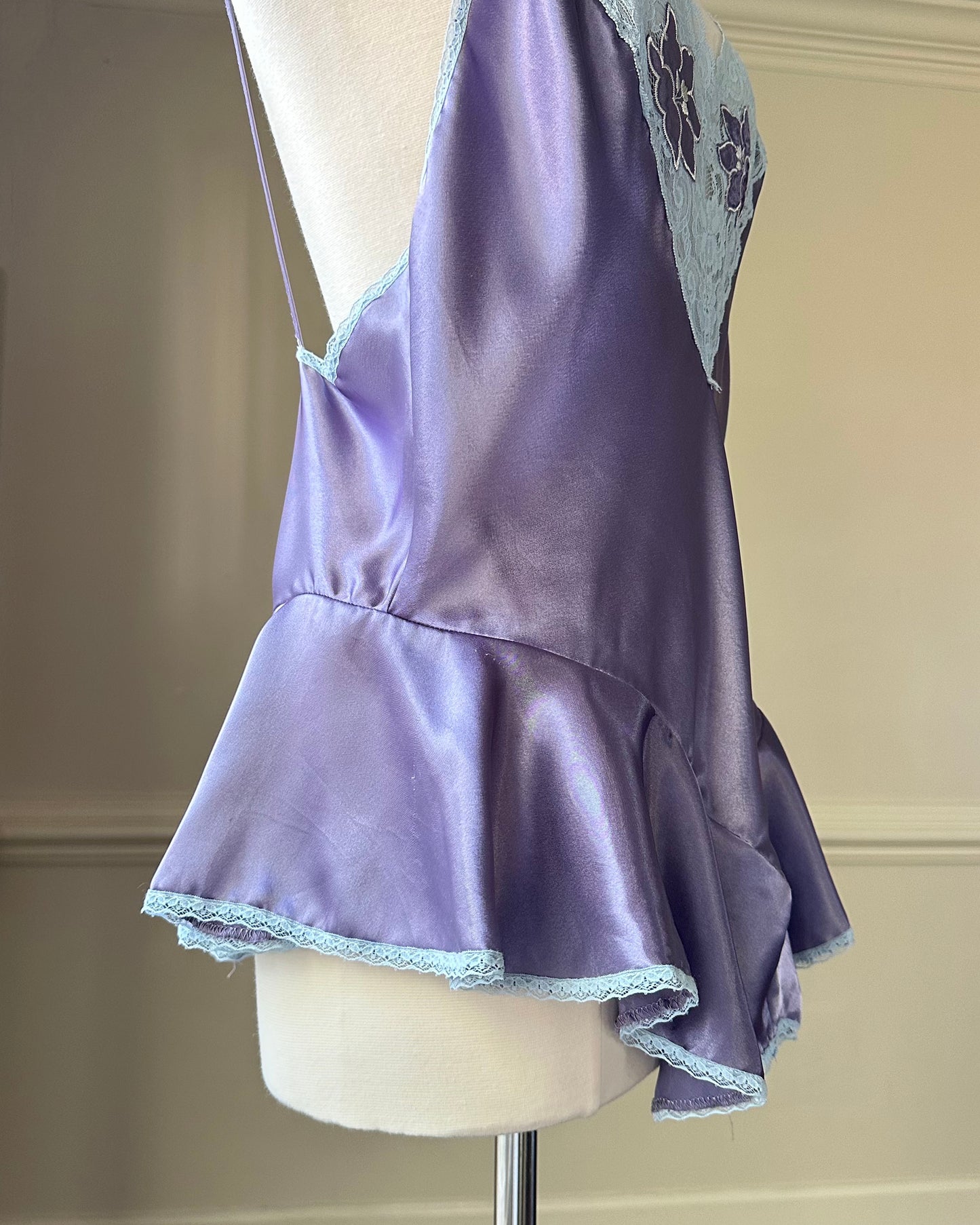 Vintage Satin Slip Dress in Eggplant Purple featuring Lace V Cutout