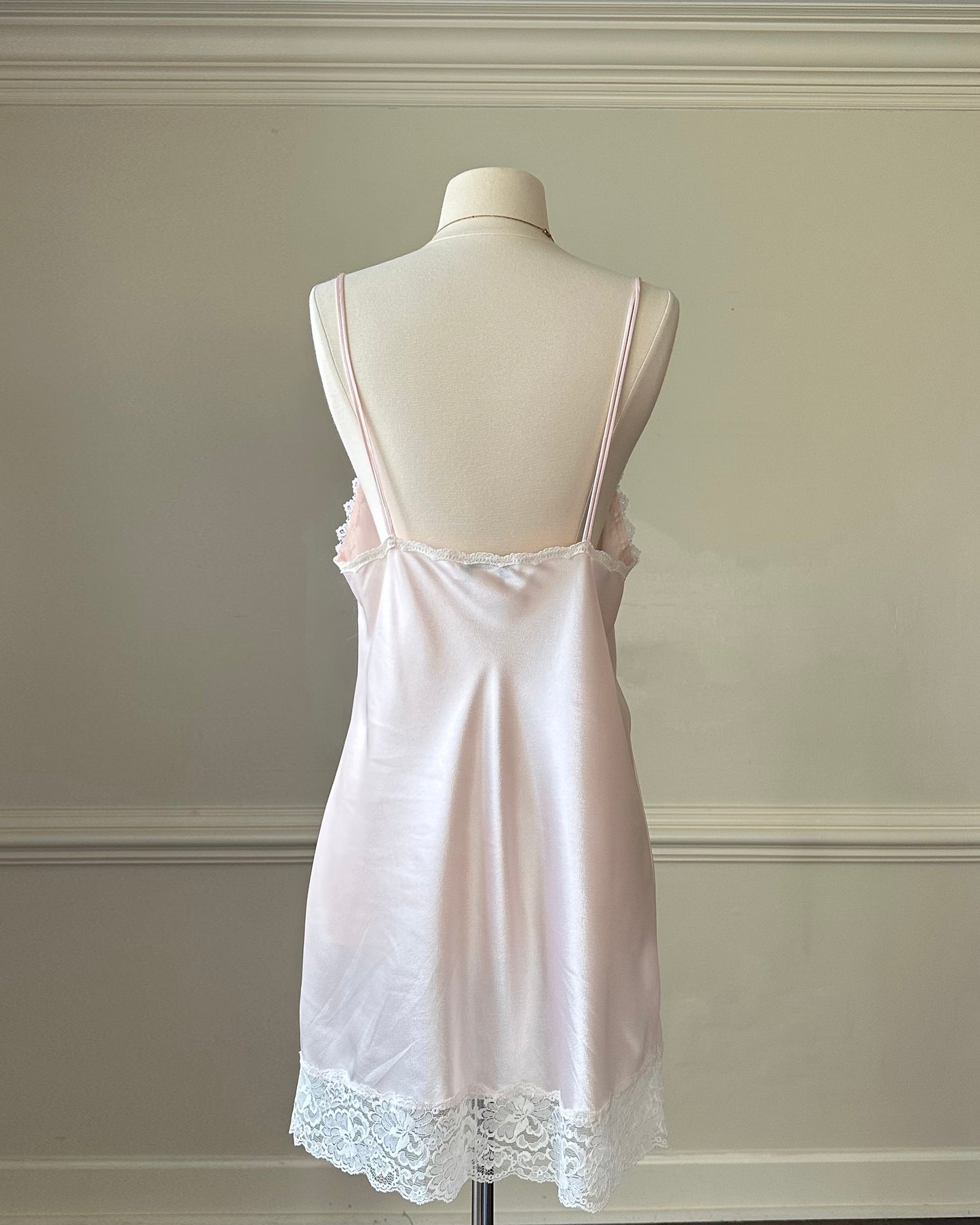 Vintage Dior Satin Powder Pink Slip Dress featuring Floral Embroidery Trimmings