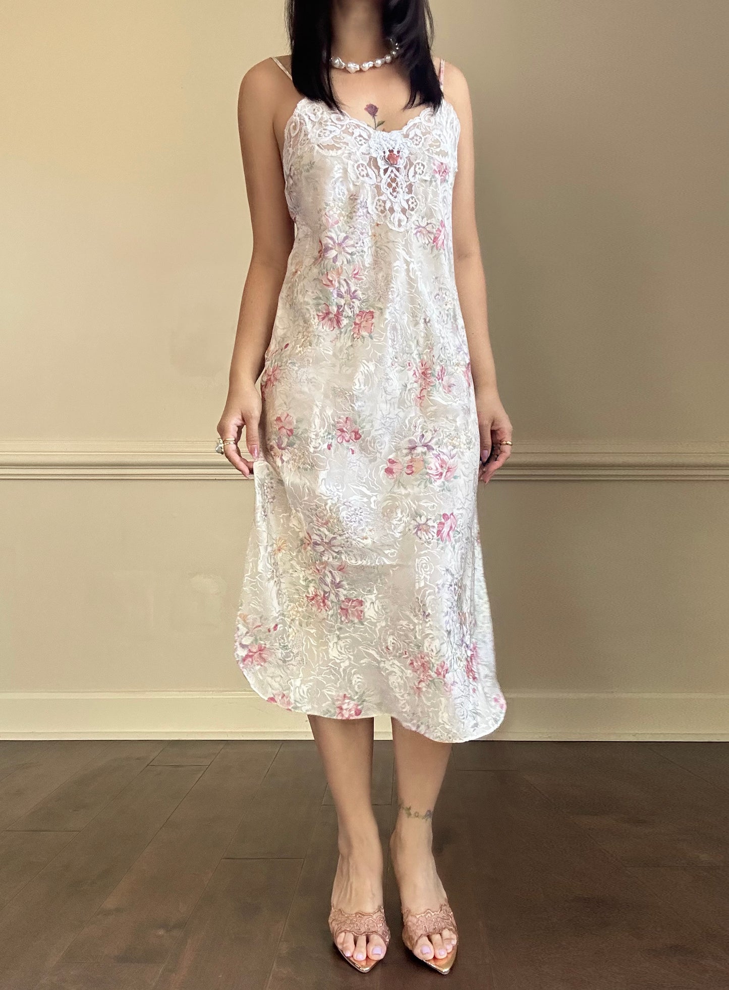 Vintage ivory satin slip dress with a bold pastel floral print