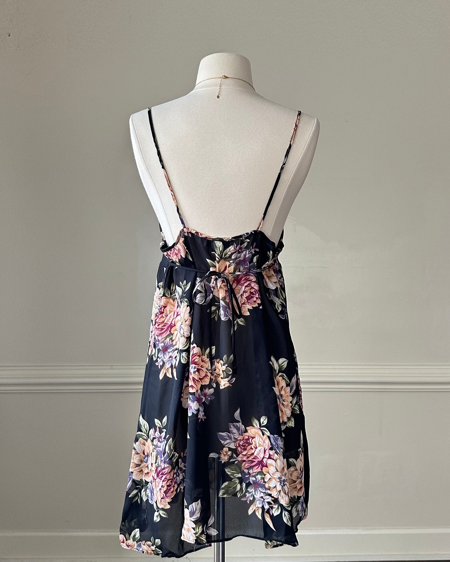 Valmode semi sheer black slip dress featuring vibrant peonies print