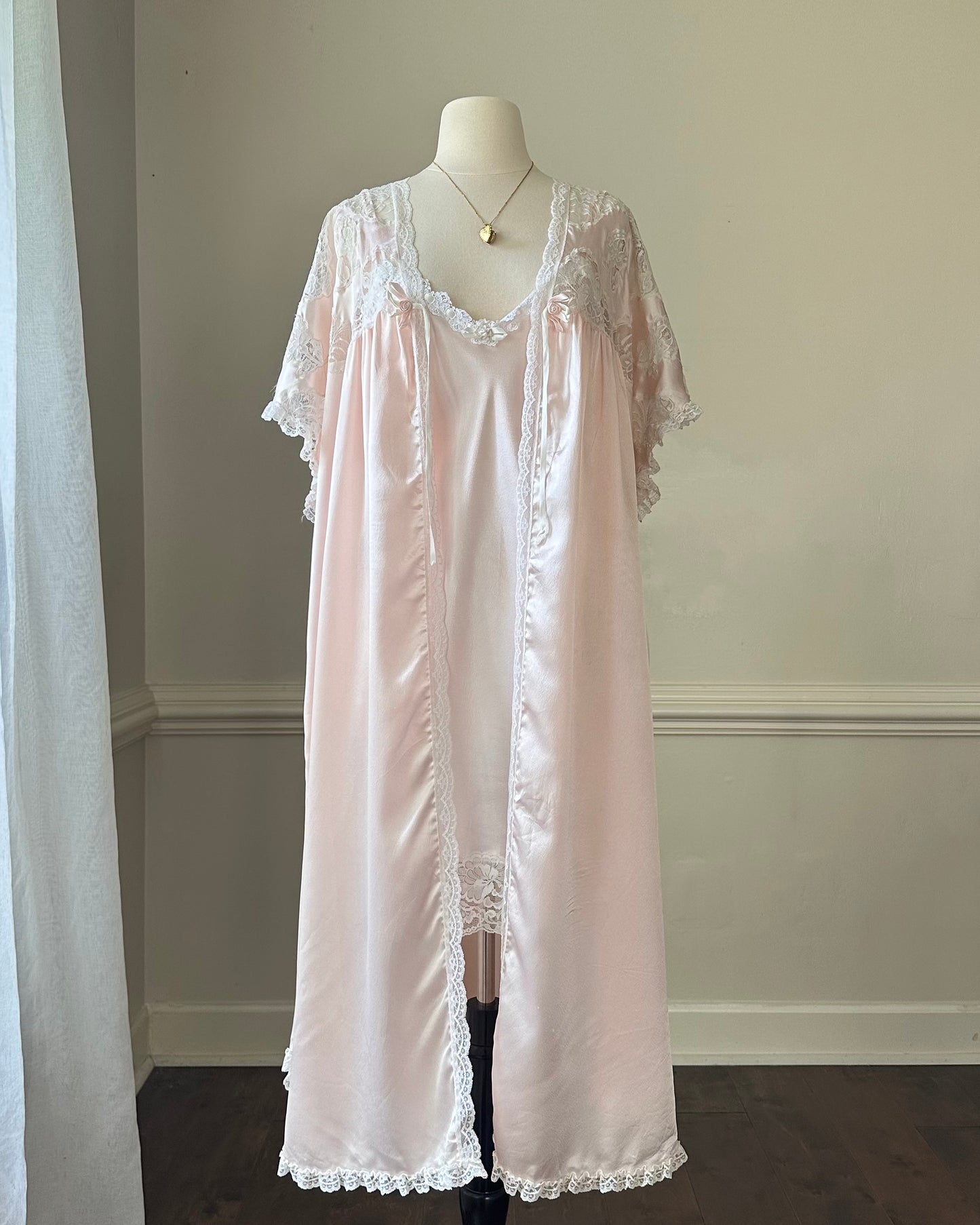 Vintage Dior Satin Powder Pink Slip Dress featuring Floral Embroidery Trimmings