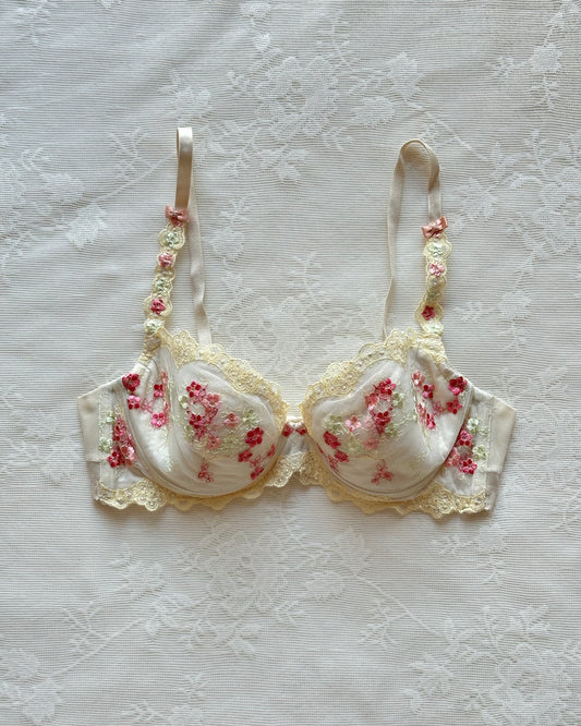 Vintage cream Japanese brassiere featuring multi colored blossoms embroidery