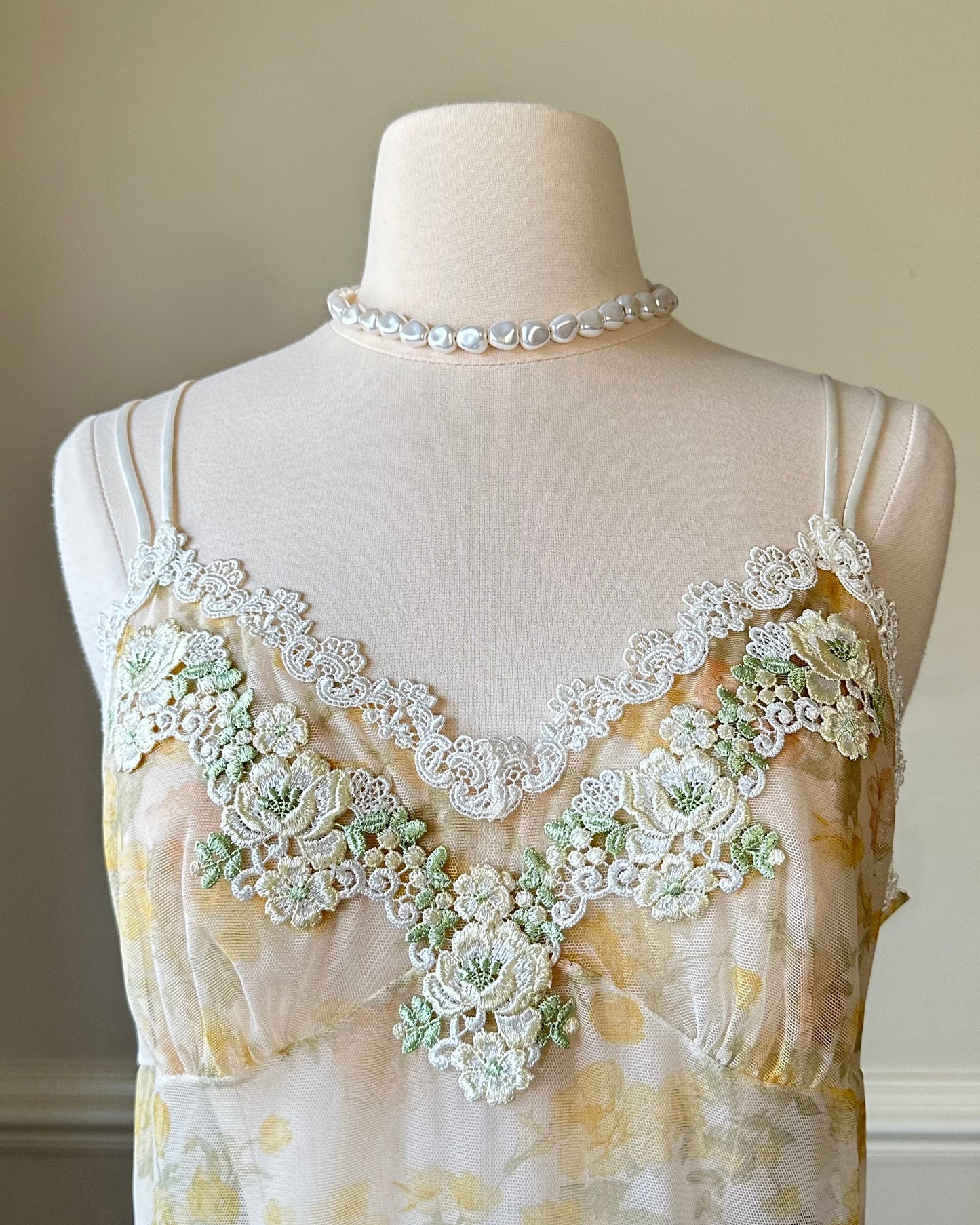 Vintage fairy sheer slip dress featuring delicate amber rosette prints on sheer chiffon