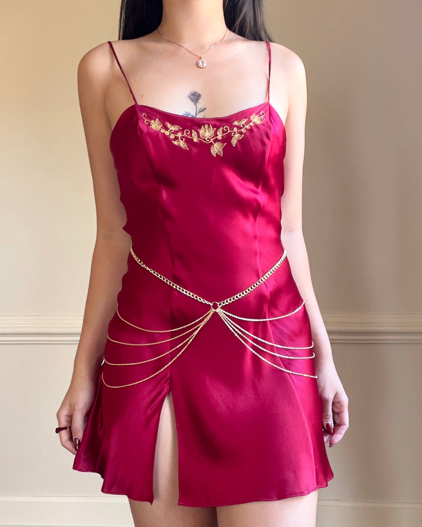 Victoria’s Secret Ruby Red Satin Slip Dress features Embroidered Floral Gold