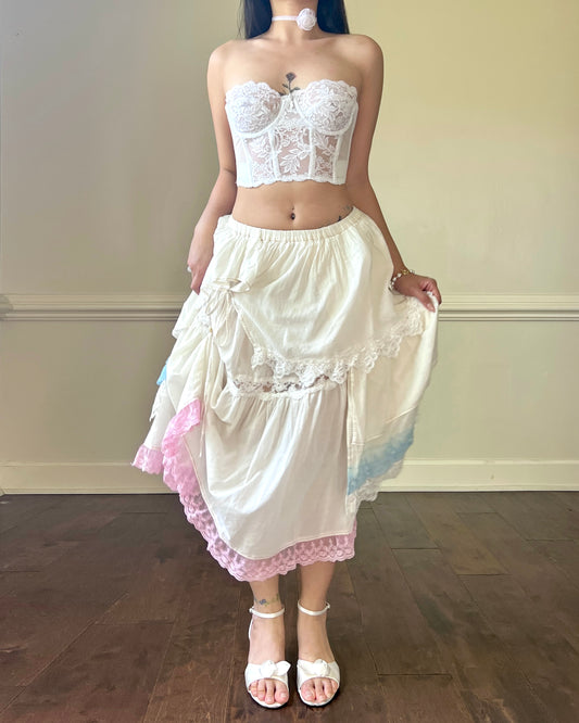Super Unique Cottagecore Asymmetric Skirt featuring Pop of Blue and Pink Lace Detailing