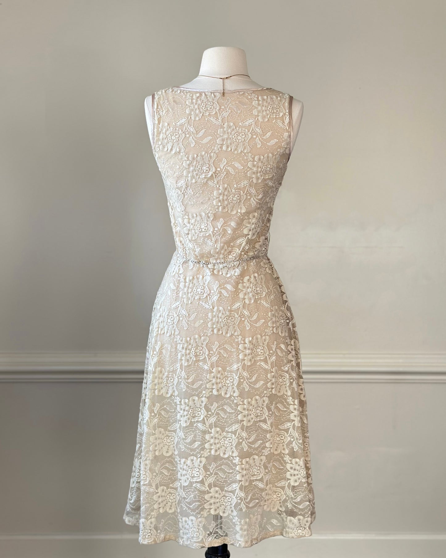 Vintage embroidery in warm beige midi dress featuring floral embroidery