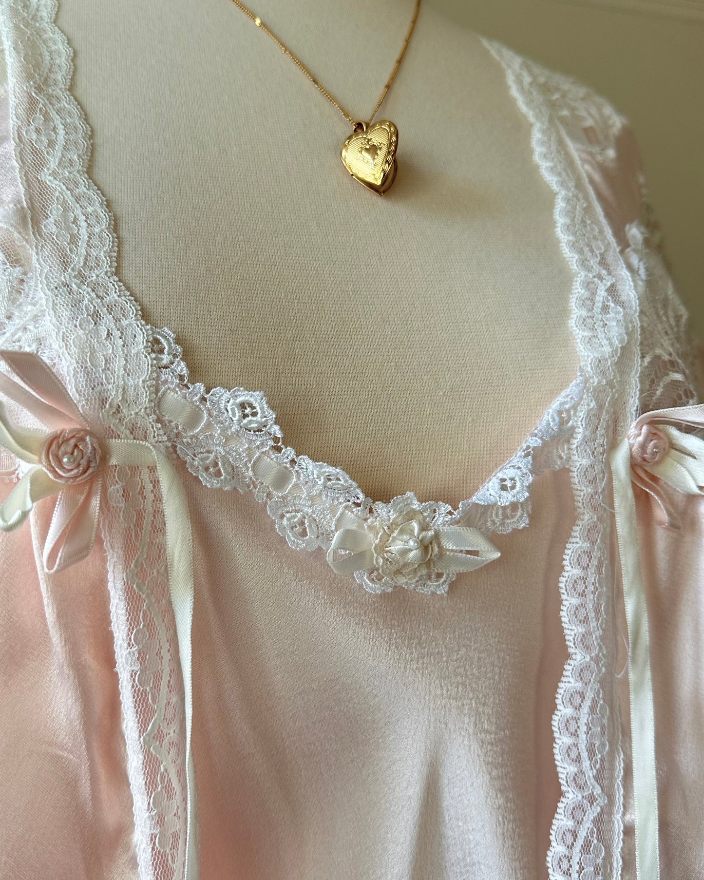 Vintage Dior Powder Pink Satin Robe featuring Brocade Lace Embroidery Sleeves