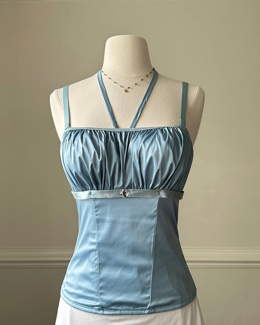 Vintage frosted blue corset top featuring ruched satin bust