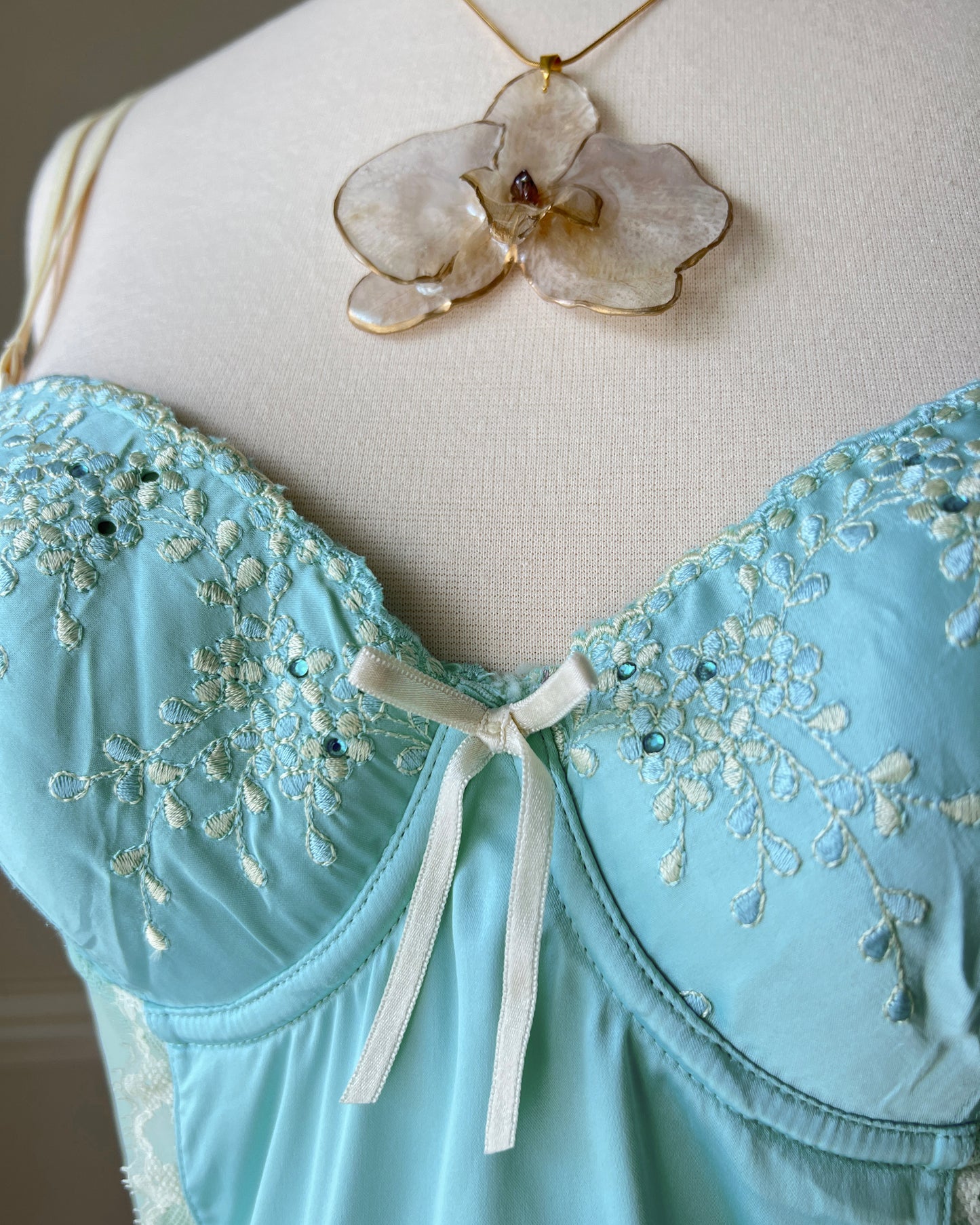 Vintage embroidered mesh cami with blue satin bust