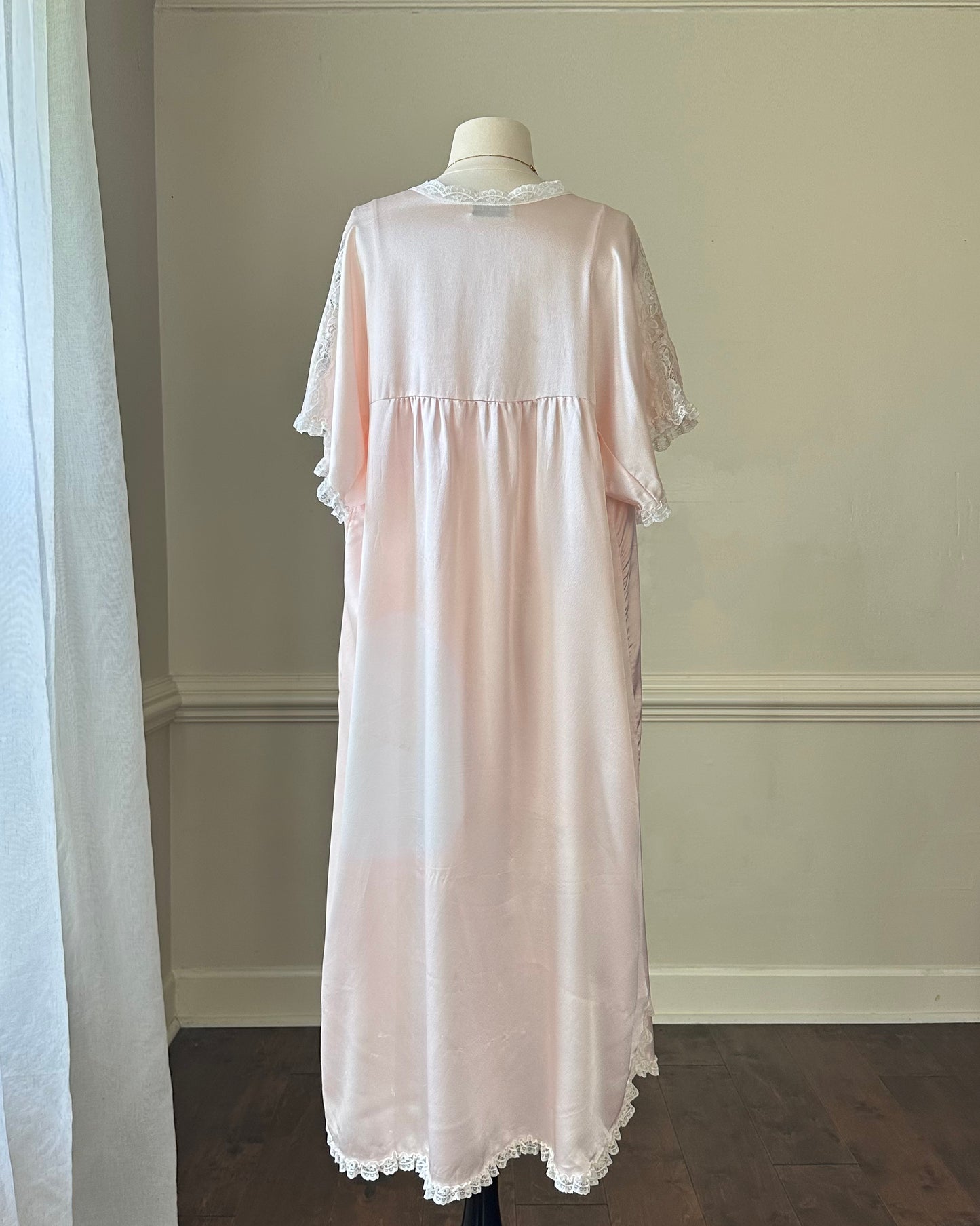 Vintage Dior Powder Pink Satin Robe featuring Brocade Lace Embroidery Sleeves