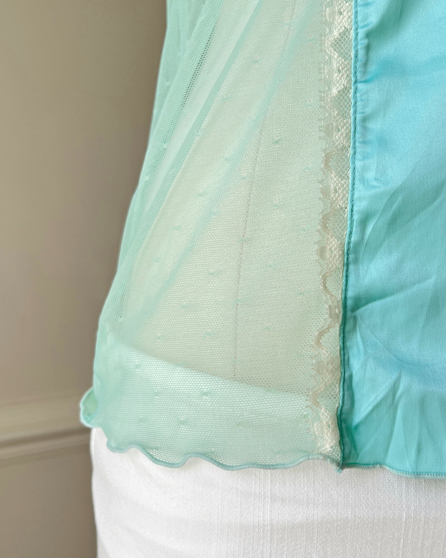 Vintage embroidered mesh cami with blue satin bust