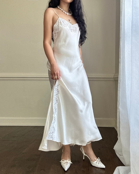 Maxi Bridal Slip Dress in Vintage Creamy featuring Lace Embroidery