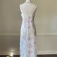 Vintage ivory satin slip dress with a bold pastel floral print