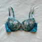 Sapphire blue Japanese brassiere featuring champagne gold-spun flowers embroidery