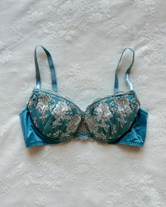 Sapphire blue Japanese brassiere featuring champagne gold-spun flowers embroidery