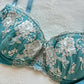 Sapphire blue Japanese brassiere featuring champagne gold-spun flowers embroidery