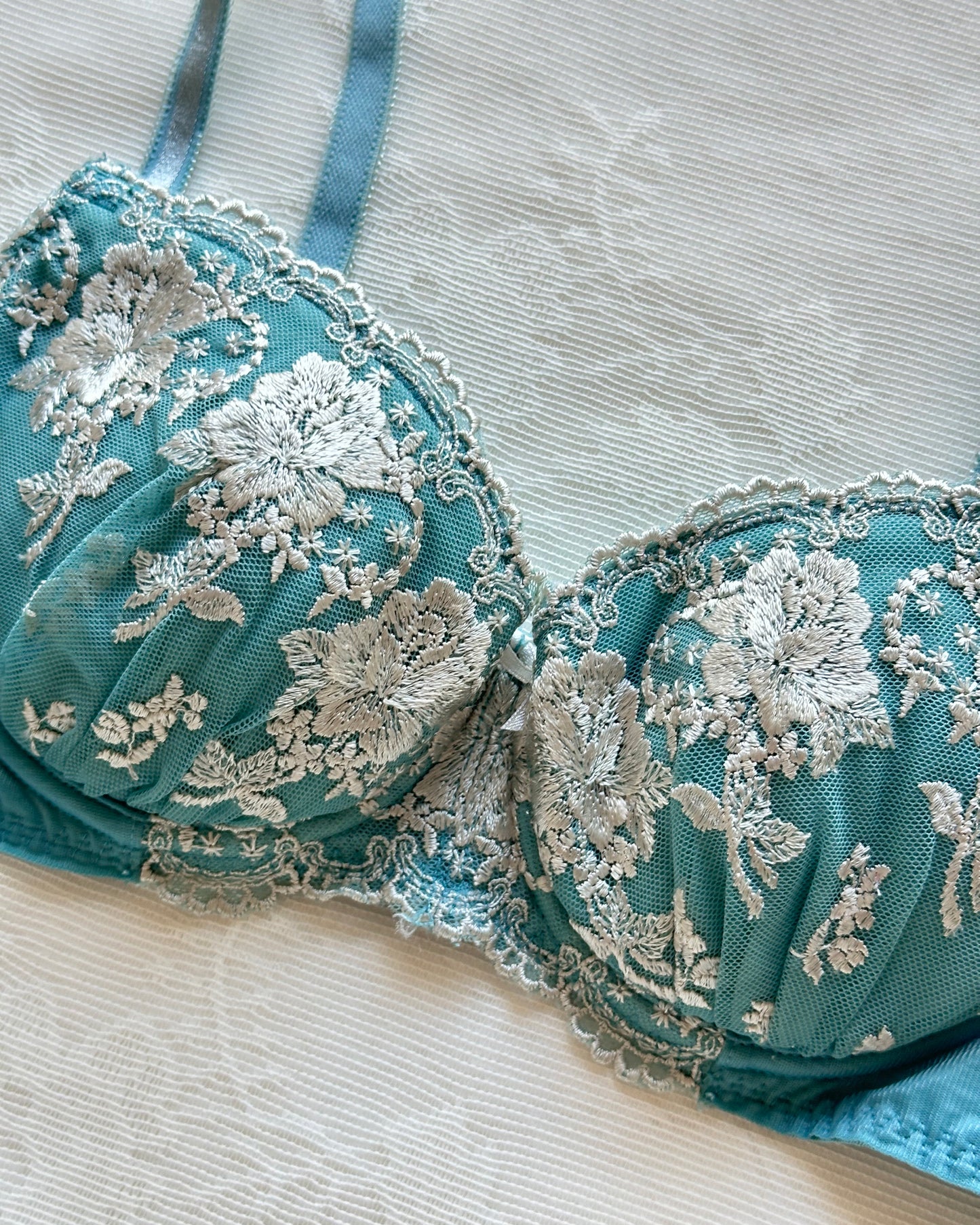 Sapphire blue Japanese brassiere featuring champagne gold-spun flowers embroidery