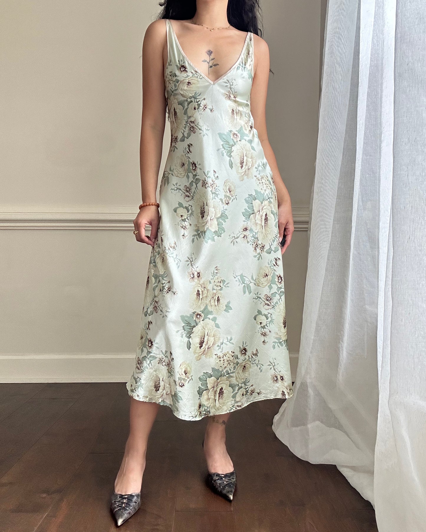 Vintage sage green maxi slip dress featuring rose bouquets print pattern