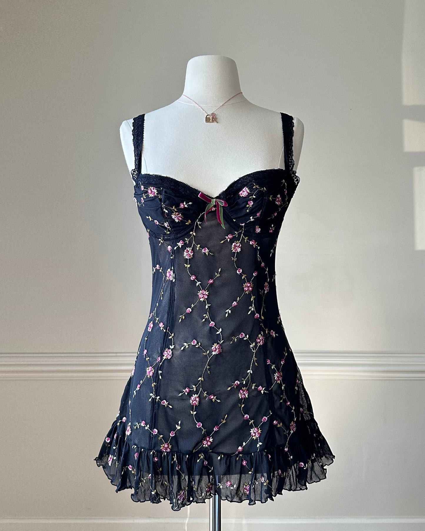 Dark feminine bustier corset dress featuring rose vines embroidery