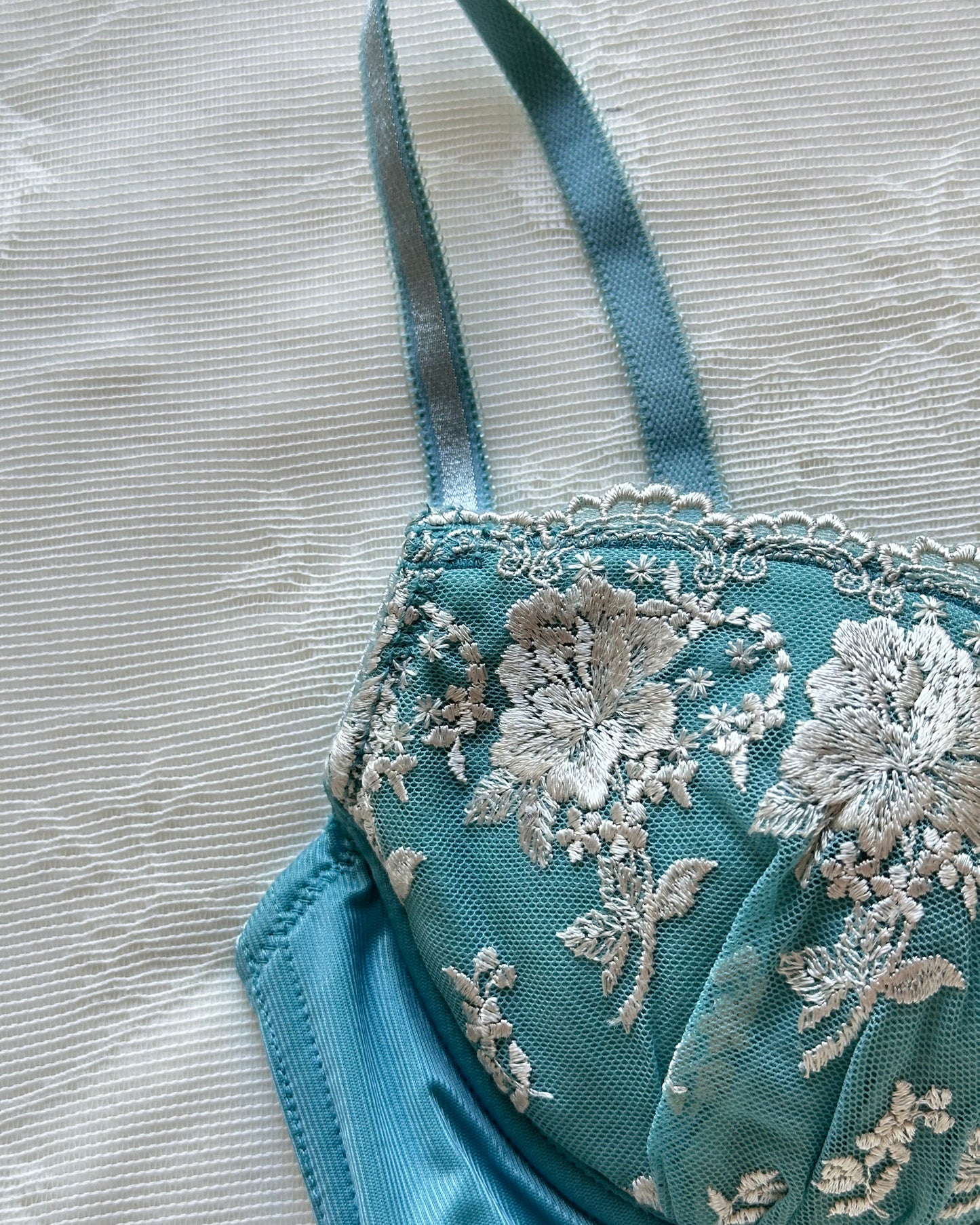 Sapphire blue Japanese brassiere featuring champagne gold-spun flowers embroidery