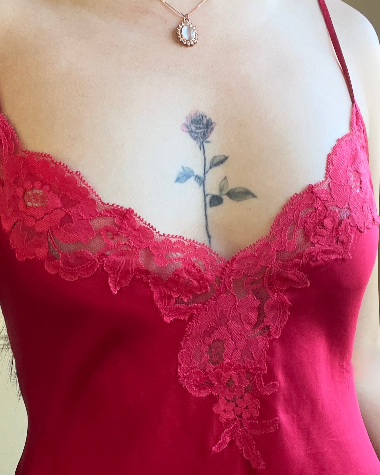 Victoria’s Secret Tulip Red Silk Slip with Floral Lace