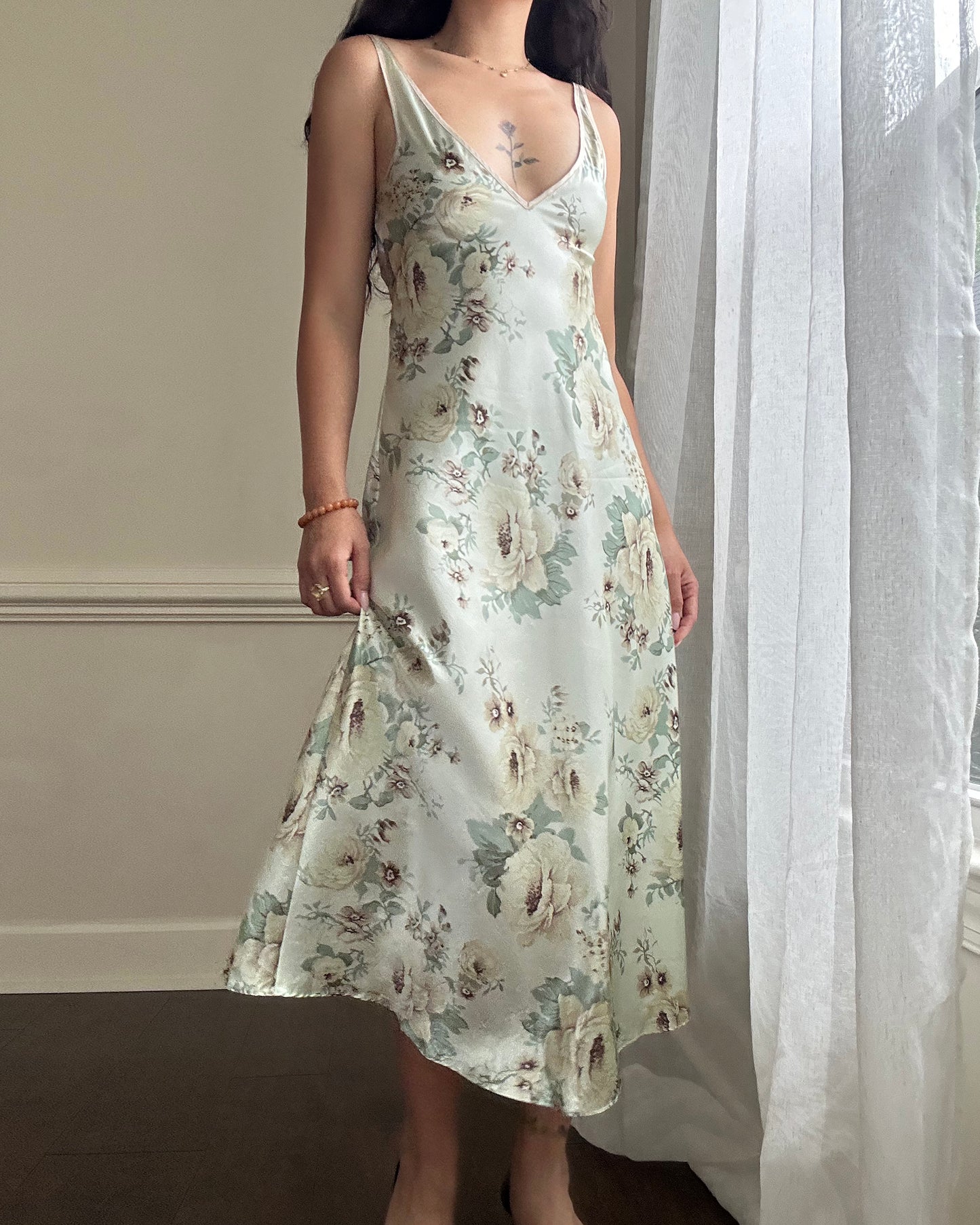 Vintage sage green maxi slip dress featuring rose bouquets print pattern