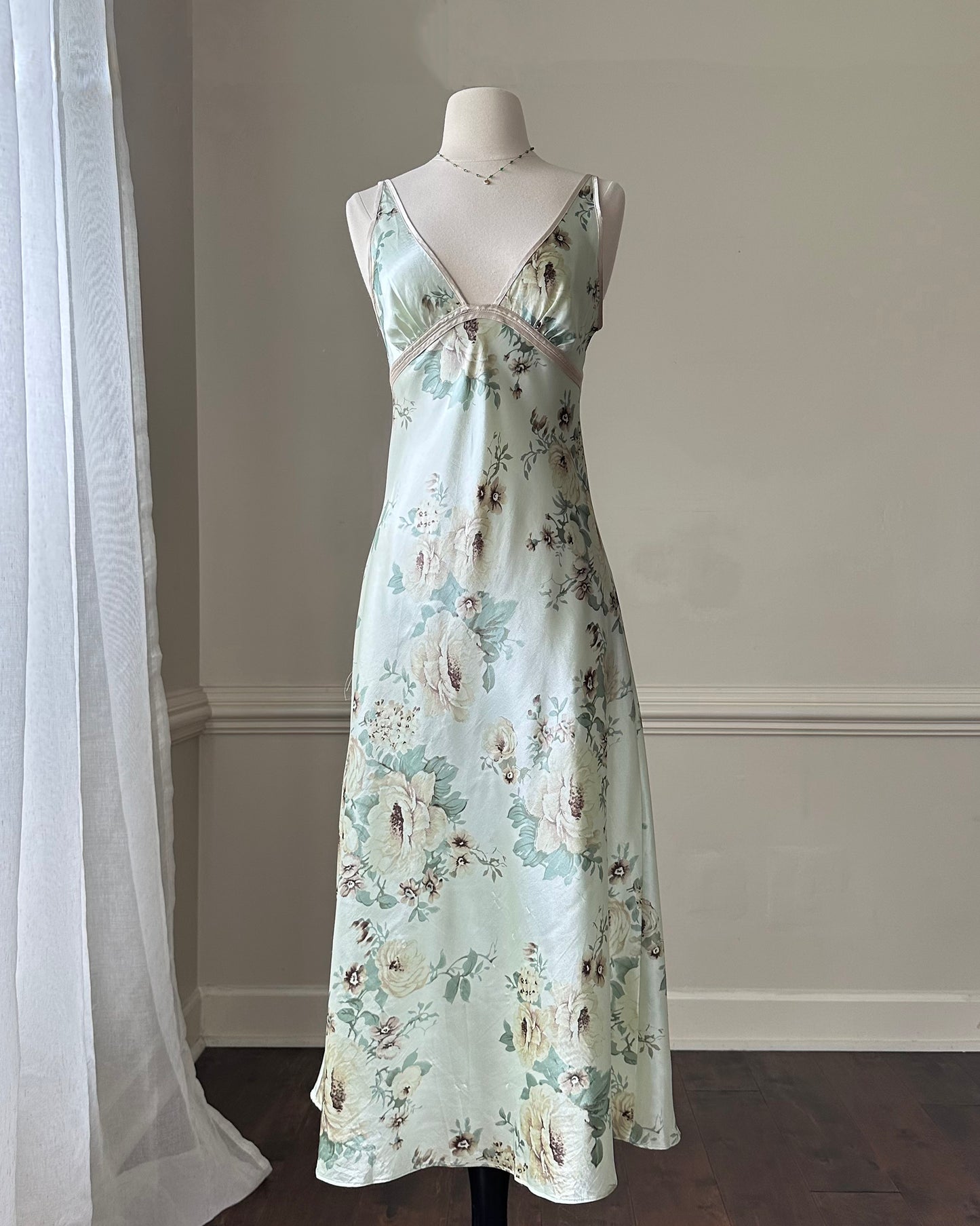 Vintage sage green maxi slip dress featuring rose bouquets print pattern