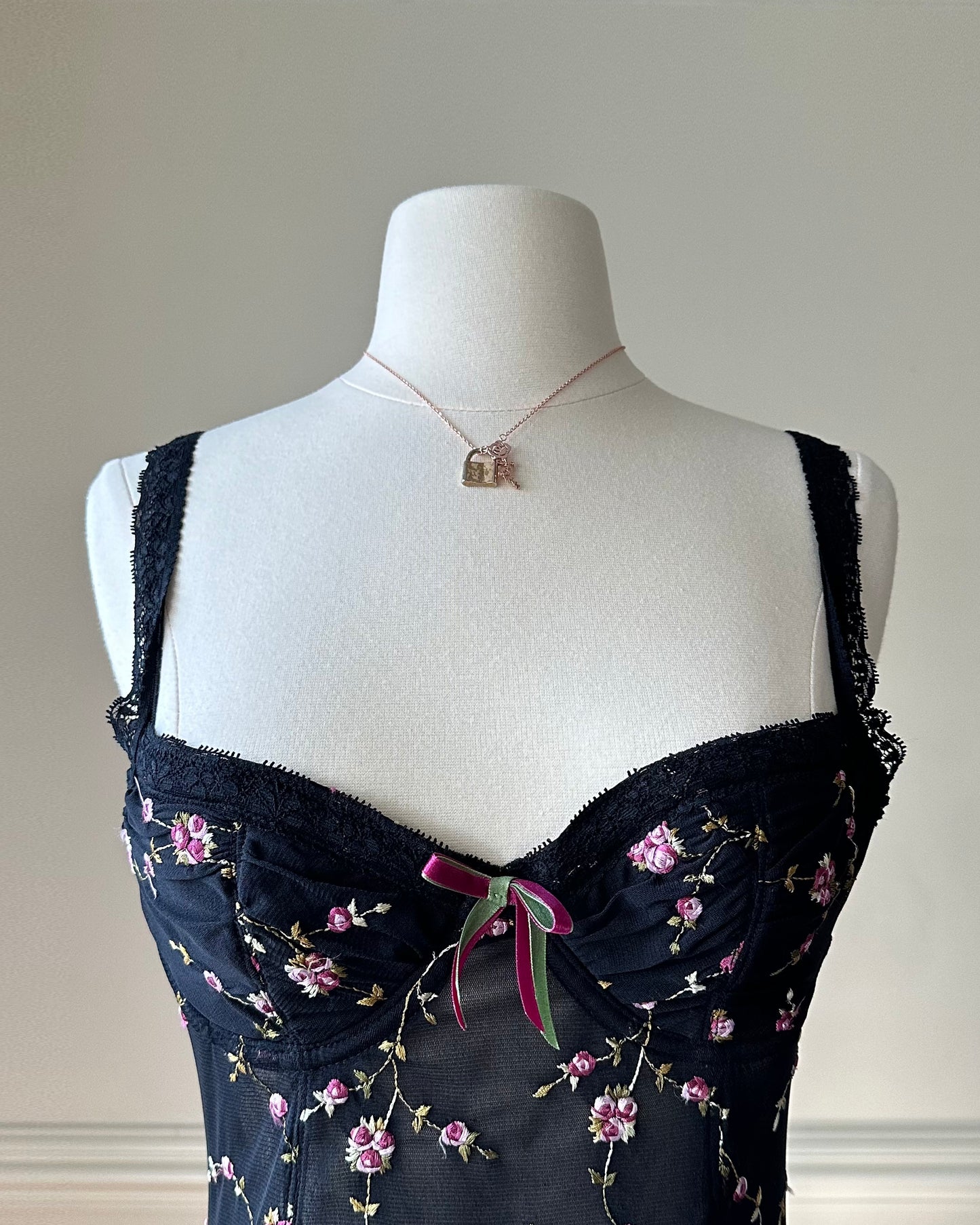 Dark feminine bustier corset dress featuring rose vines embroidery