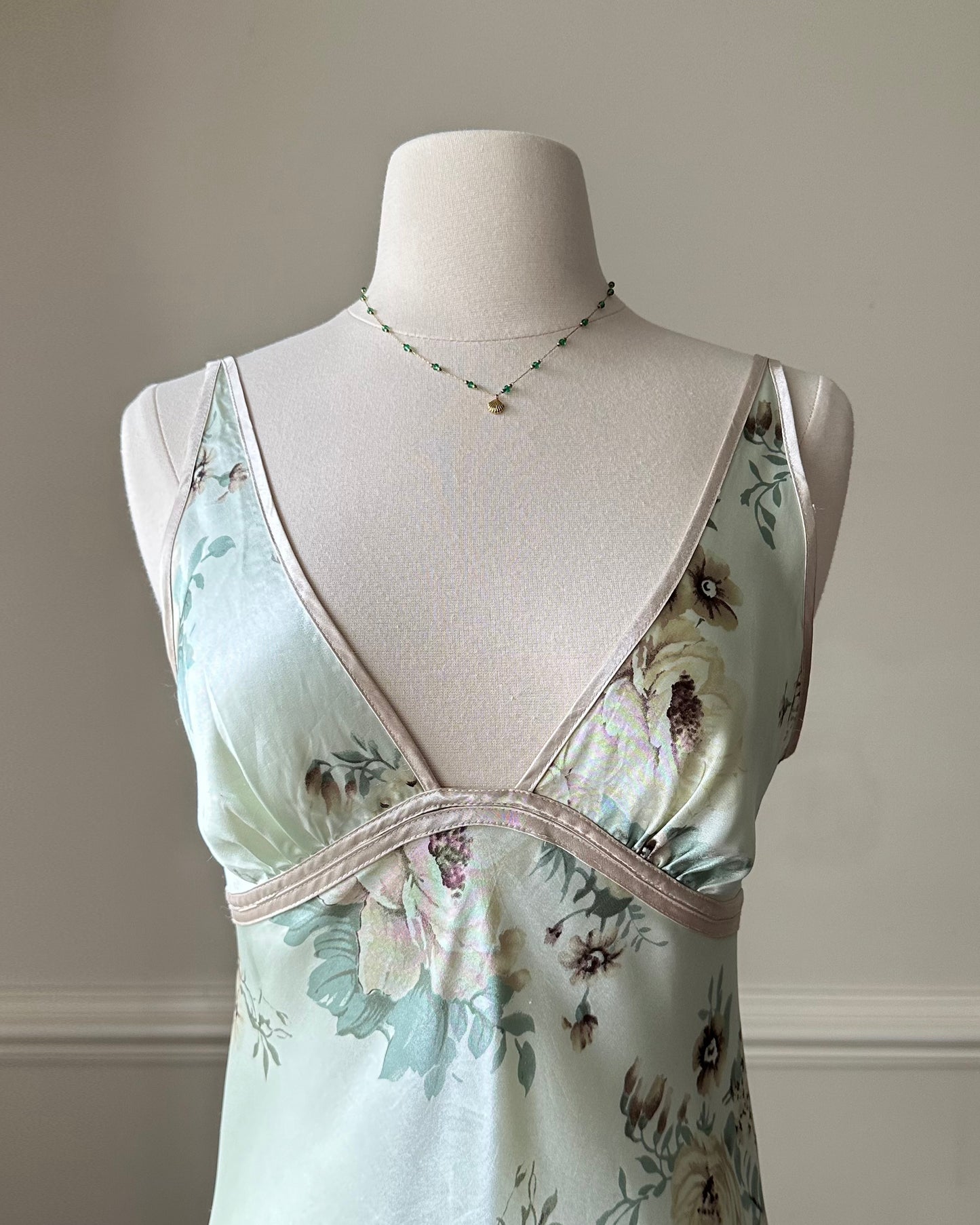 Vintage sage green maxi slip dress featuring rose bouquets print pattern