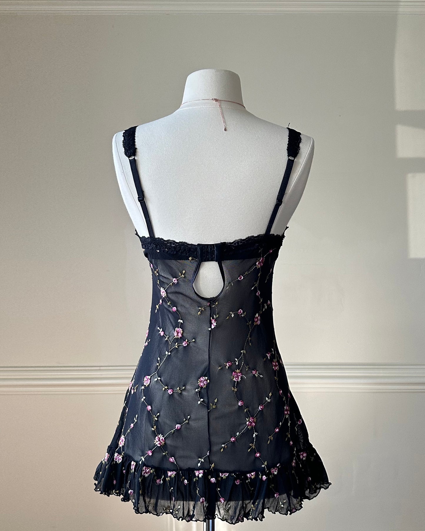 Dark feminine bustier corset dress featuring rose vines embroidery