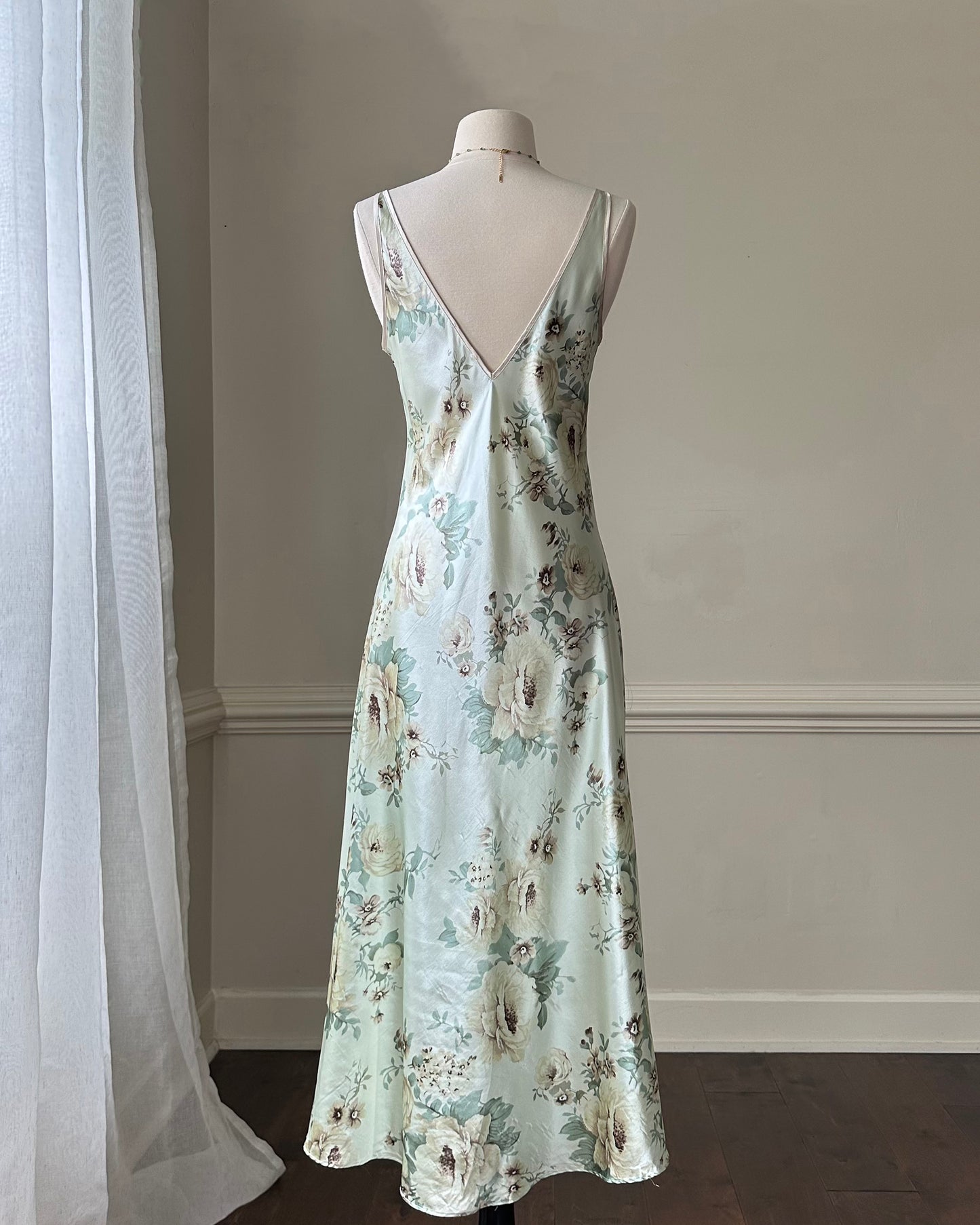 Vintage sage green maxi slip dress featuring rose bouquets print pattern