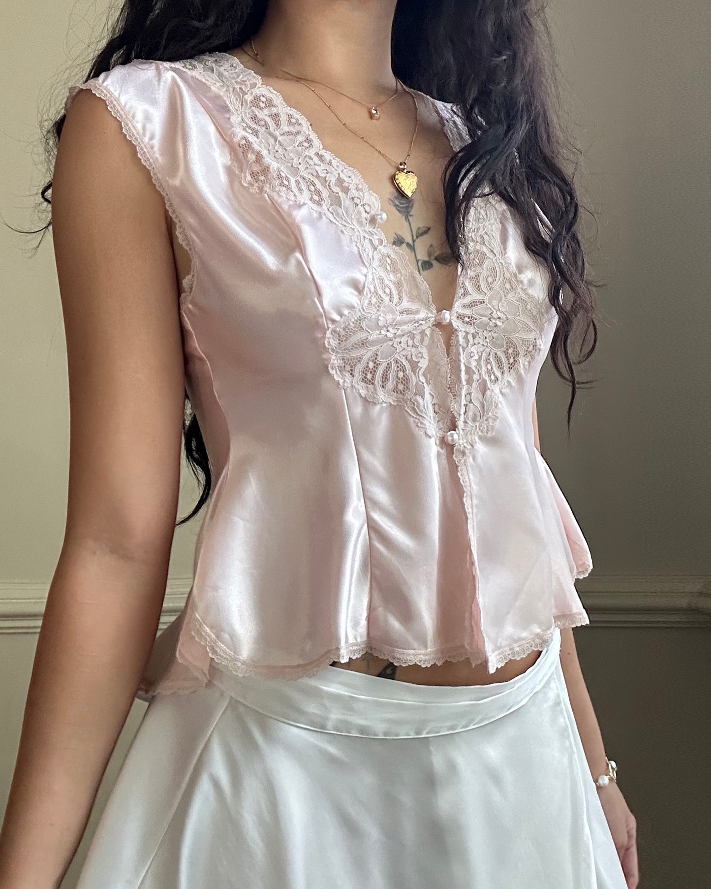 Victoria’s Secret Satin Top featuring Delicate Lace Detailing with Pleated Bodice