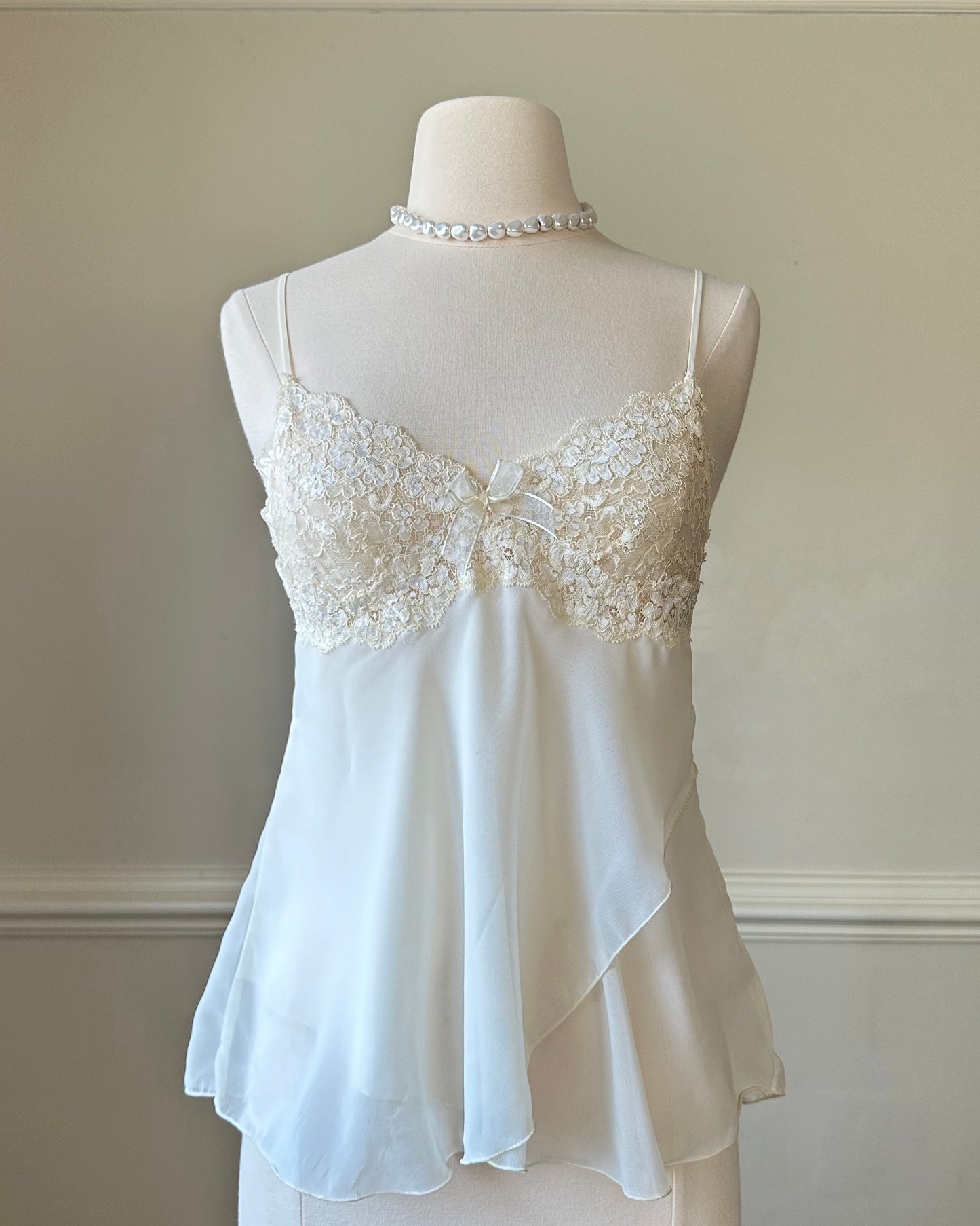 Fairy Sheer Vintage White Camisole featuring Delicate Floral Lace Bustier