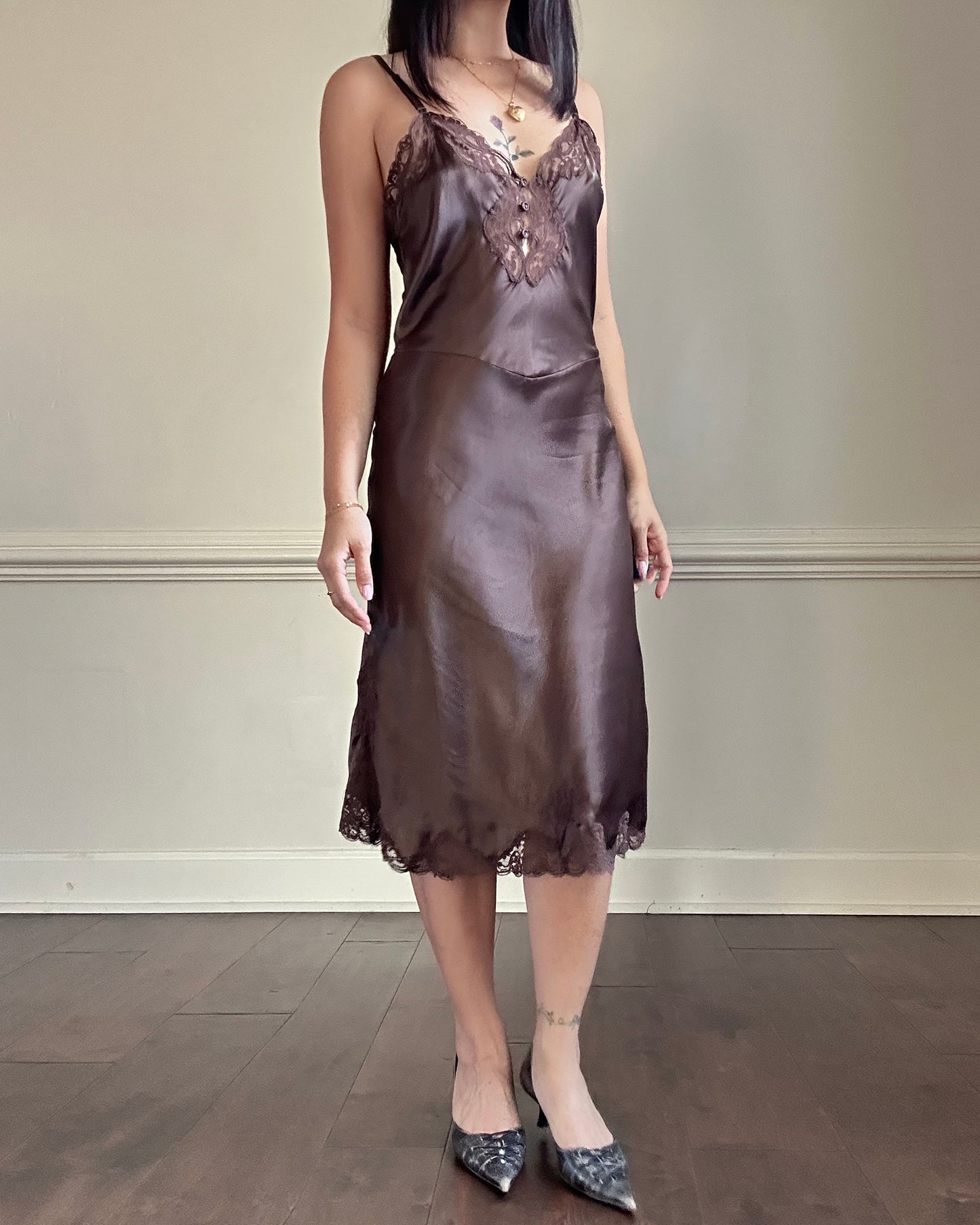 Vintage Dior brown satin lace midi slip dress