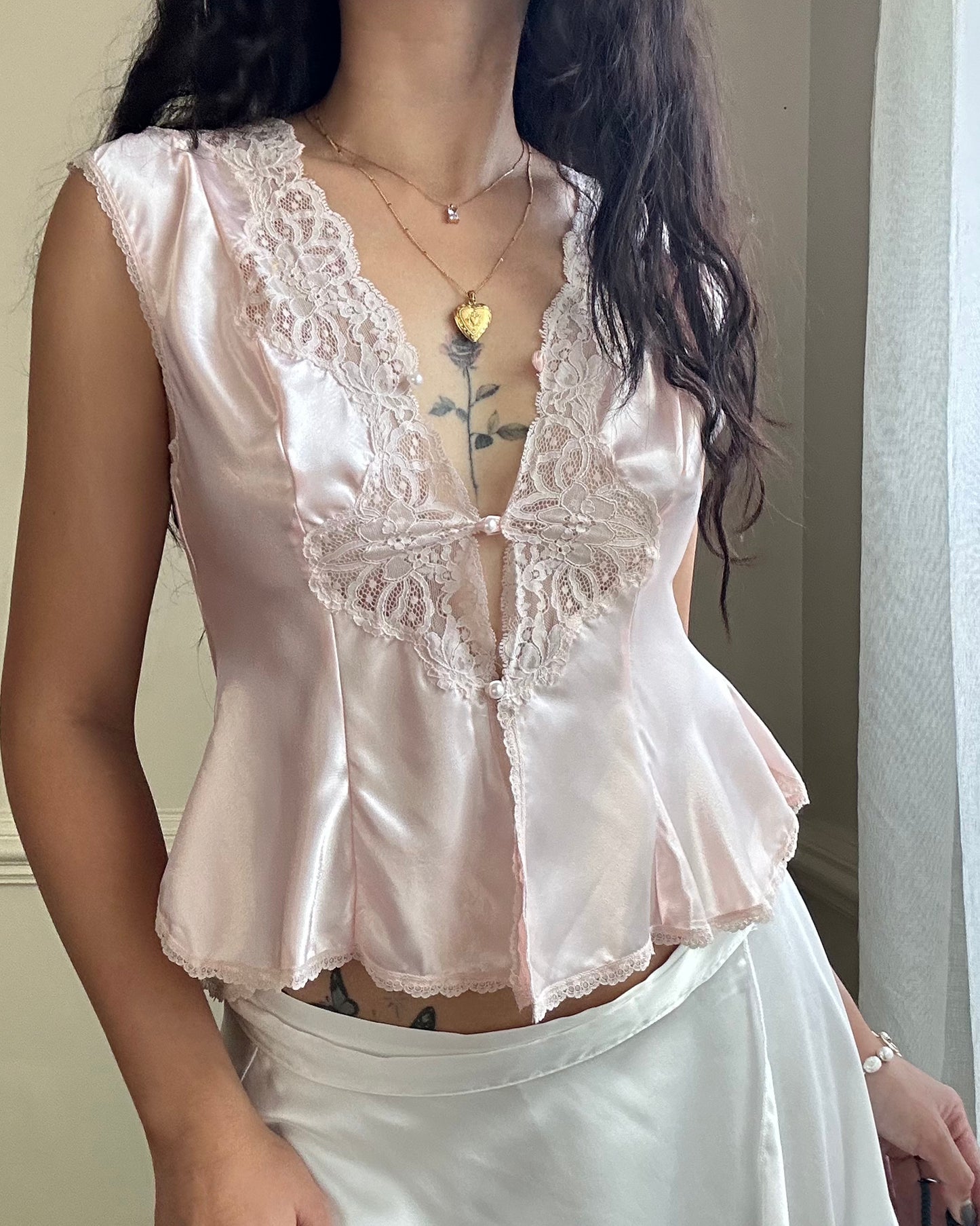 Victoria’s Secret Satin Top featuring Delicate Lace Detailing with Pleated Bodice