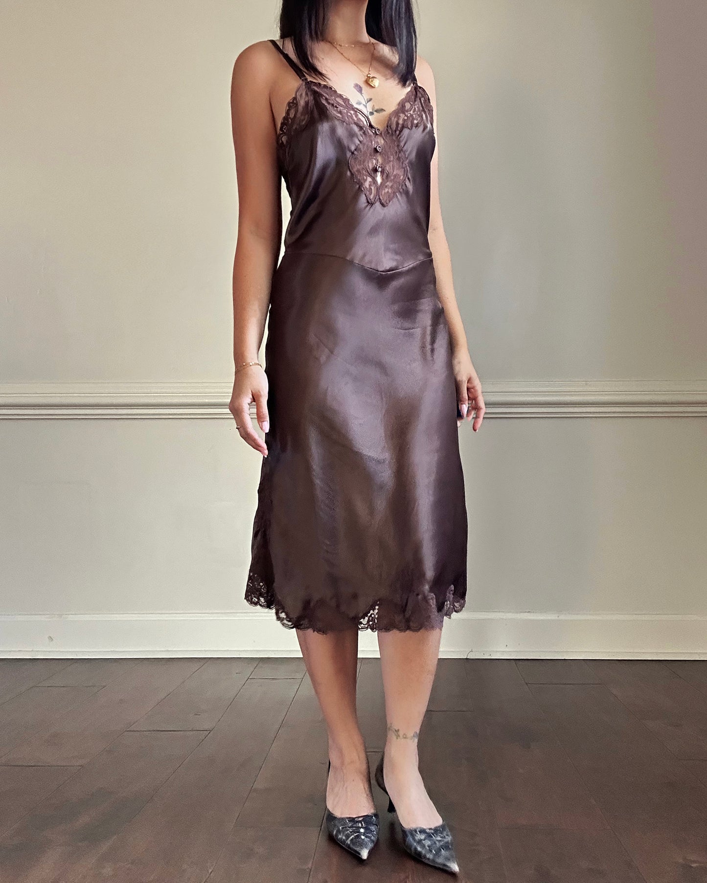 Vintage Dior brown satin lace midi slip dress