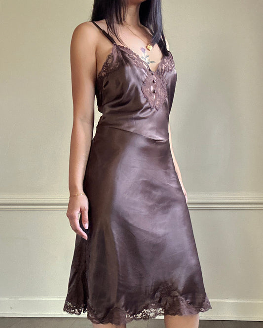 Vintage Dior brown satin lace midi slip dress