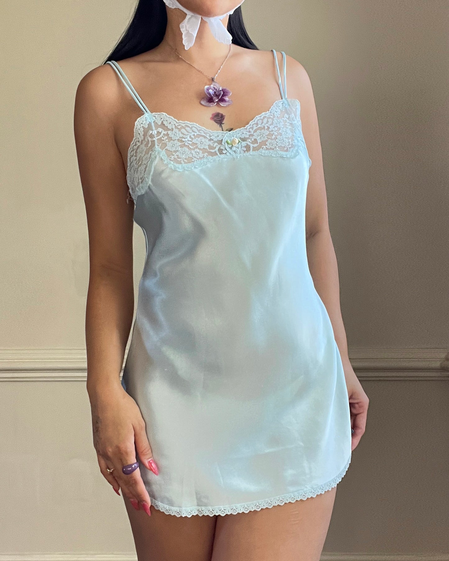 Vintage Victoria’s Secret baby blue mini slip with rosebud detail