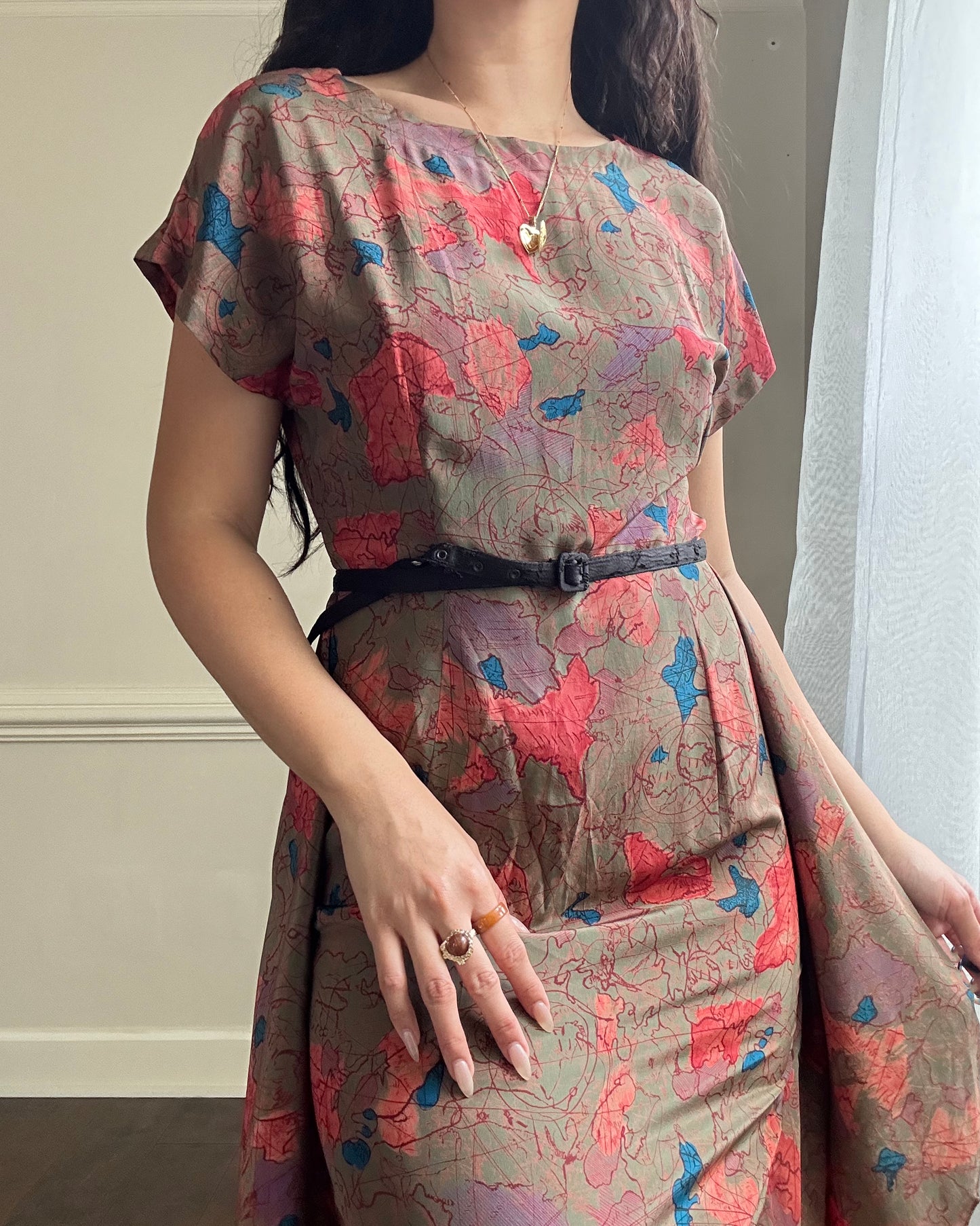 Vintage tunic-like silk dress featuring unique pattern with layered skirt