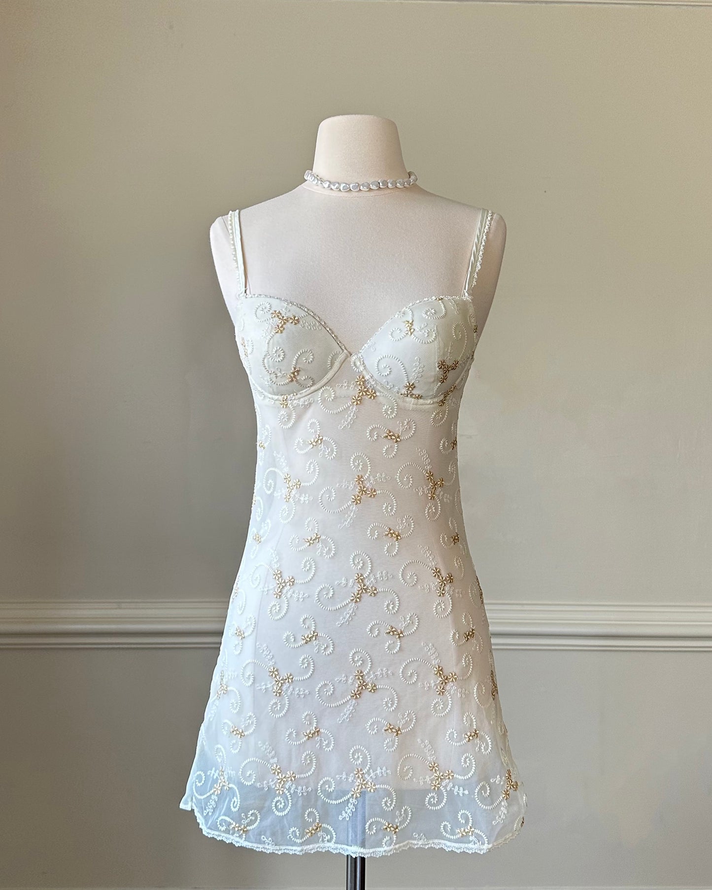 Vintage 70s Bustier Slip Dress featuring Golf Flowers Embroidery