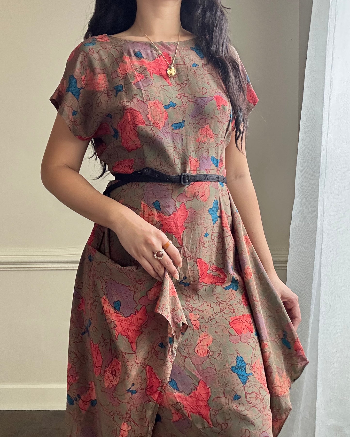 Vintage tunic-like silk dress featuring unique pattern with layered skirt