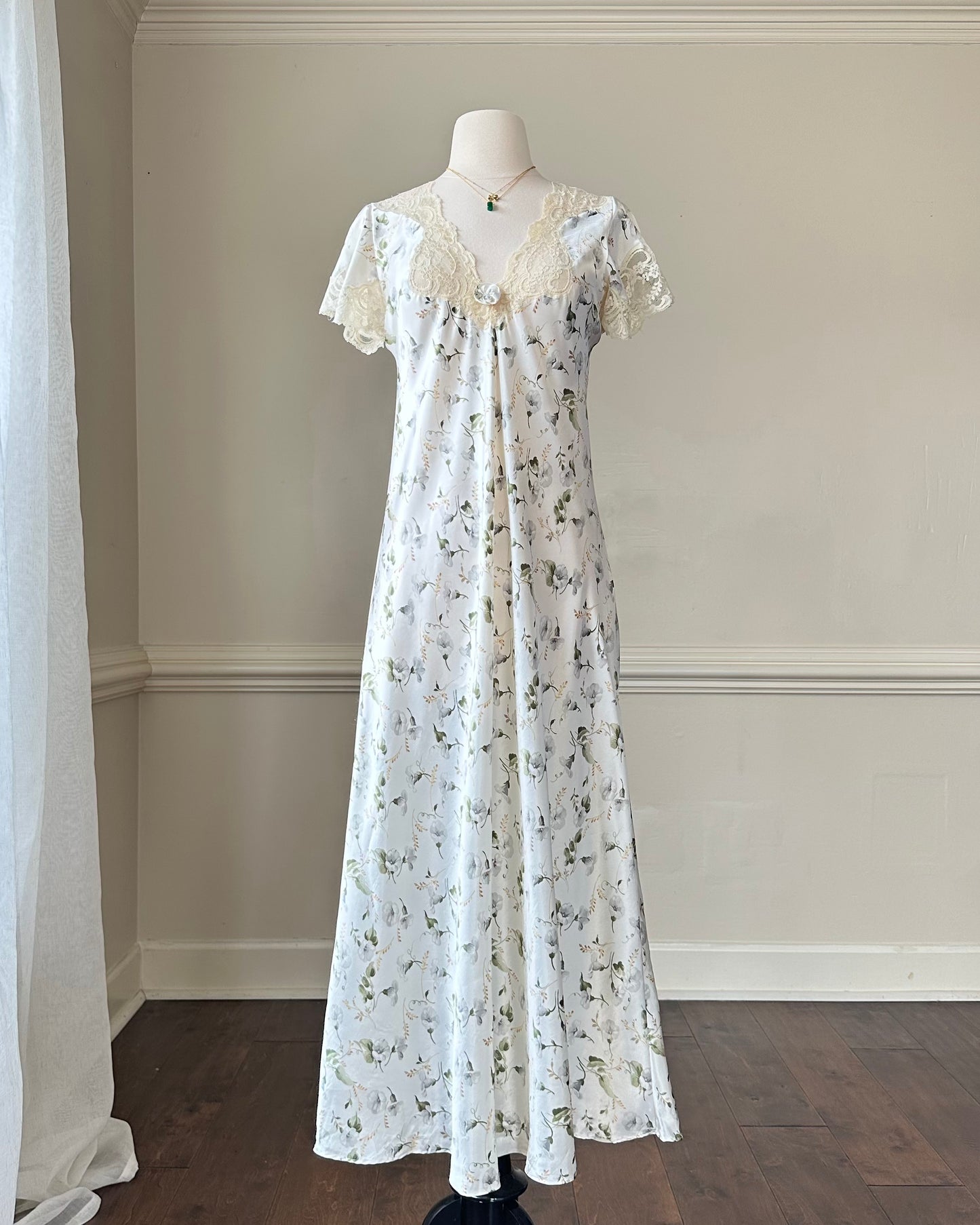 Elegant Vintage Dior Satin Maxi Dress featuring White Peony Prints