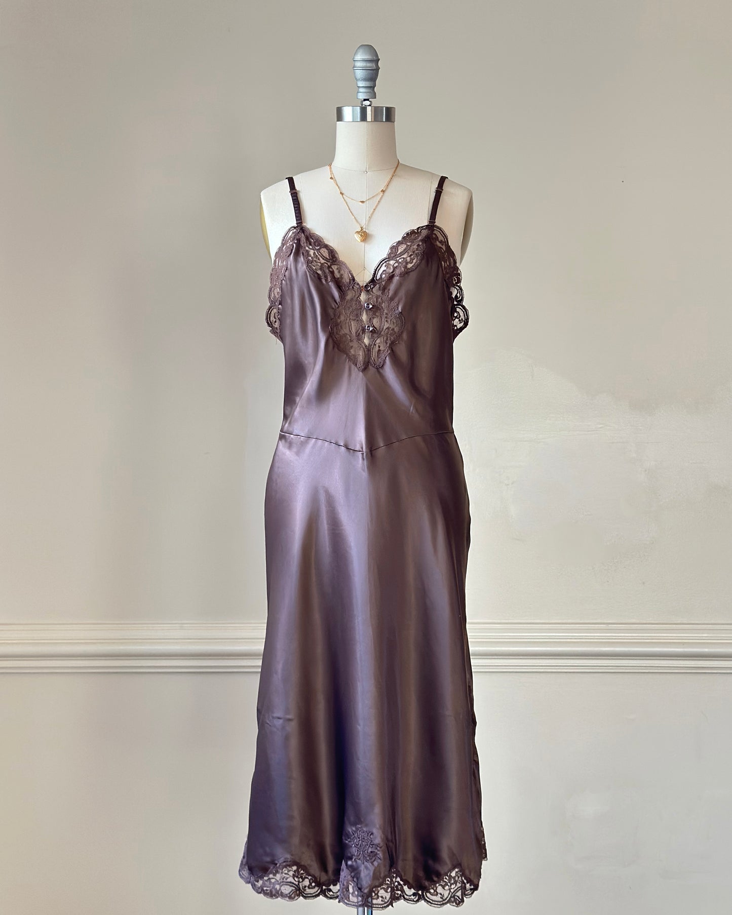Vintage Dior brown satin lace midi slip dress