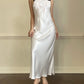 Vintage ivory satin slip dress with high neck and dreamy lace details