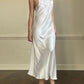 Vintage ivory satin slip dress with high neck and dreamy lace details