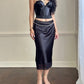 Sultry Midi Satin Skirt in Black featuring Floral Lace