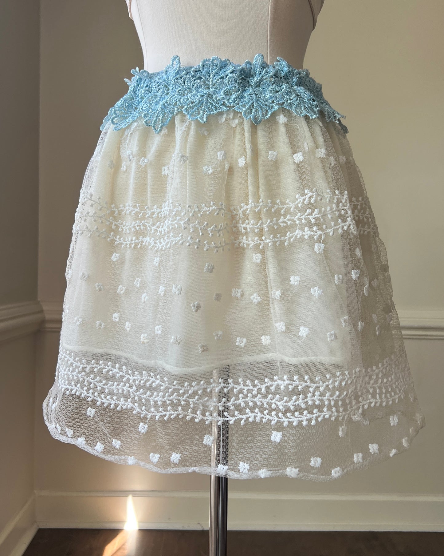 Adorable Sheer Fairy Skirt featuring Sheer Outer Layer with Leafy Embroidery and a Blue Floral Waist